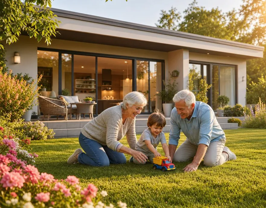 Barrierefreier Bungalow als Fertighaus: ebenerdiges Wohnen mit Glasschiebetüren, sonniger Gartenterrasse und drei Generationen im Garten