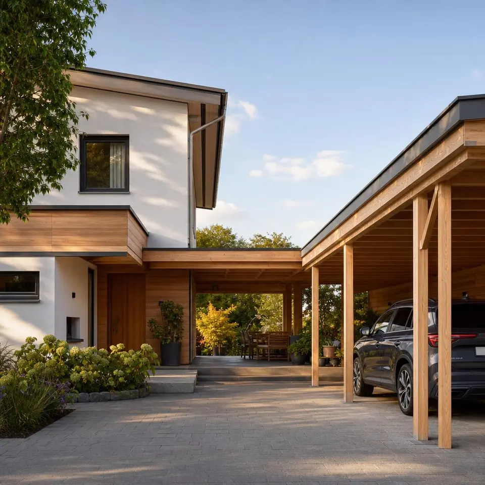 Moderner Holz-Carport mit Terrassenüberdachung als Gewinn am neu gebauten Fertighaus