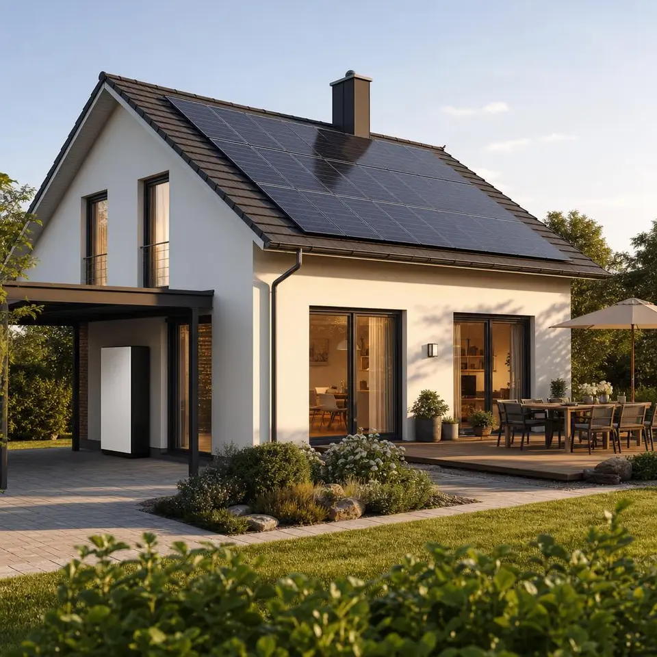 Photovoltaikanlage mit Batteriespeicher als Gewinn – Solarmodule auf dem Dach eines Fertighauses