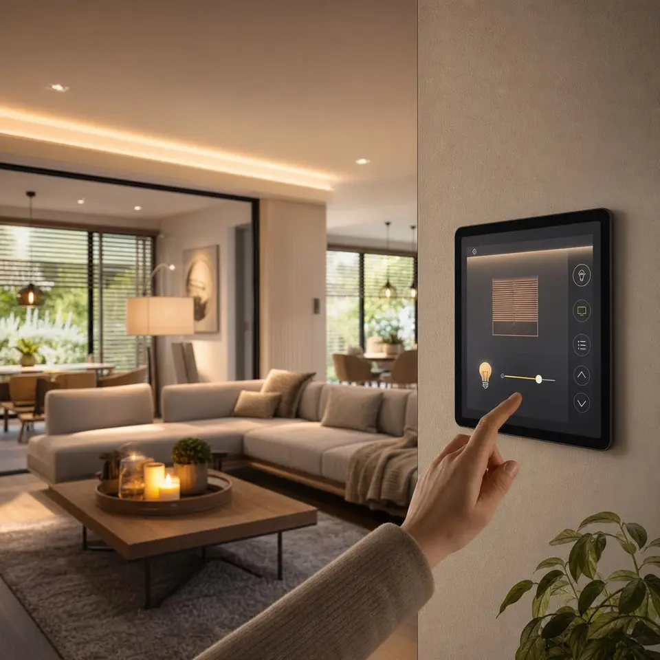 Smart-Home-Paket als Gewinn: Wandtablet steuert Licht, Heizung und Rollläden im modernen Fertighaus-Wohnzimmer