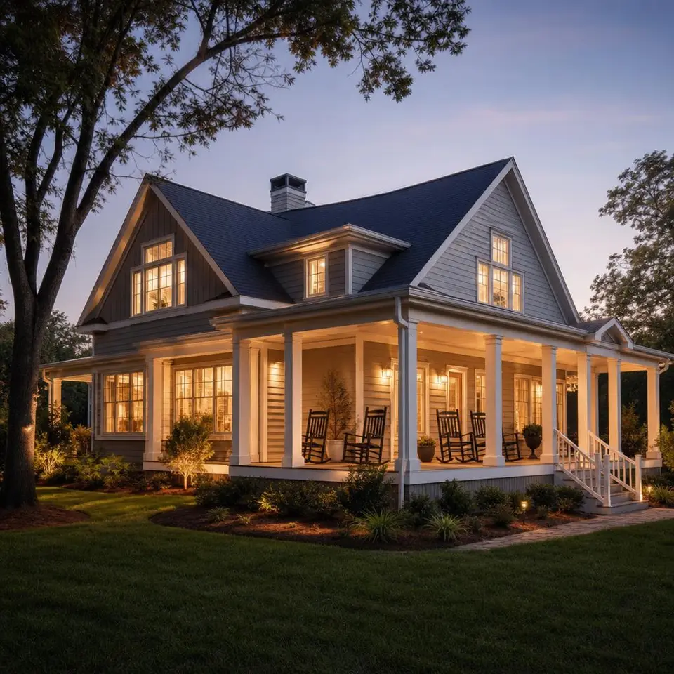 Amerikanisches Haus mit umlaufender Veranda, Holzsäulen und Schaukelstühlen – Wohntraum im US-Stil