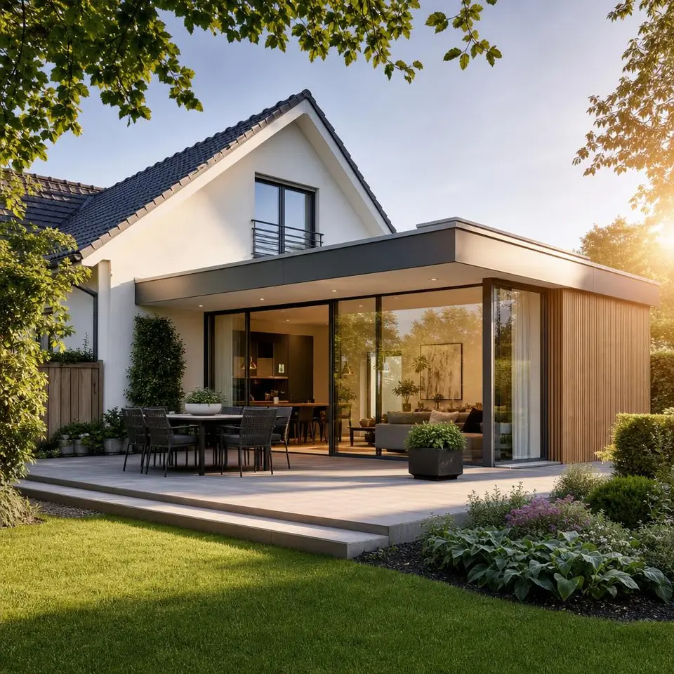 Moderner Anbau mit Flachdach und Glasfront erweitert ein bestehendes Wohnhaus um helle Wohnfläche zum Garten