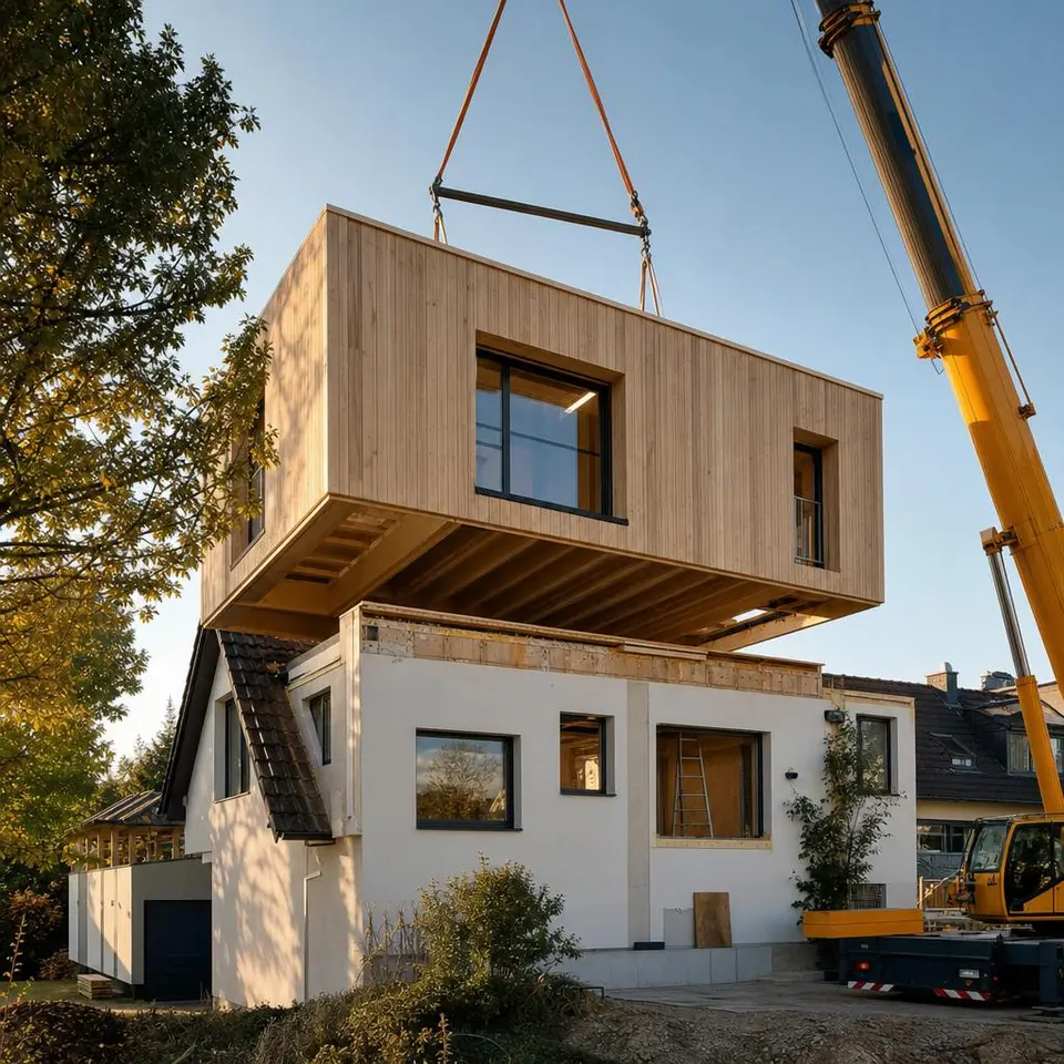 Aufstockung in Holzbauweise: vorgefertigtes Obergeschoss wird auf ein Bestandshaus gesetzt – Wohnraum nach oben erweitern