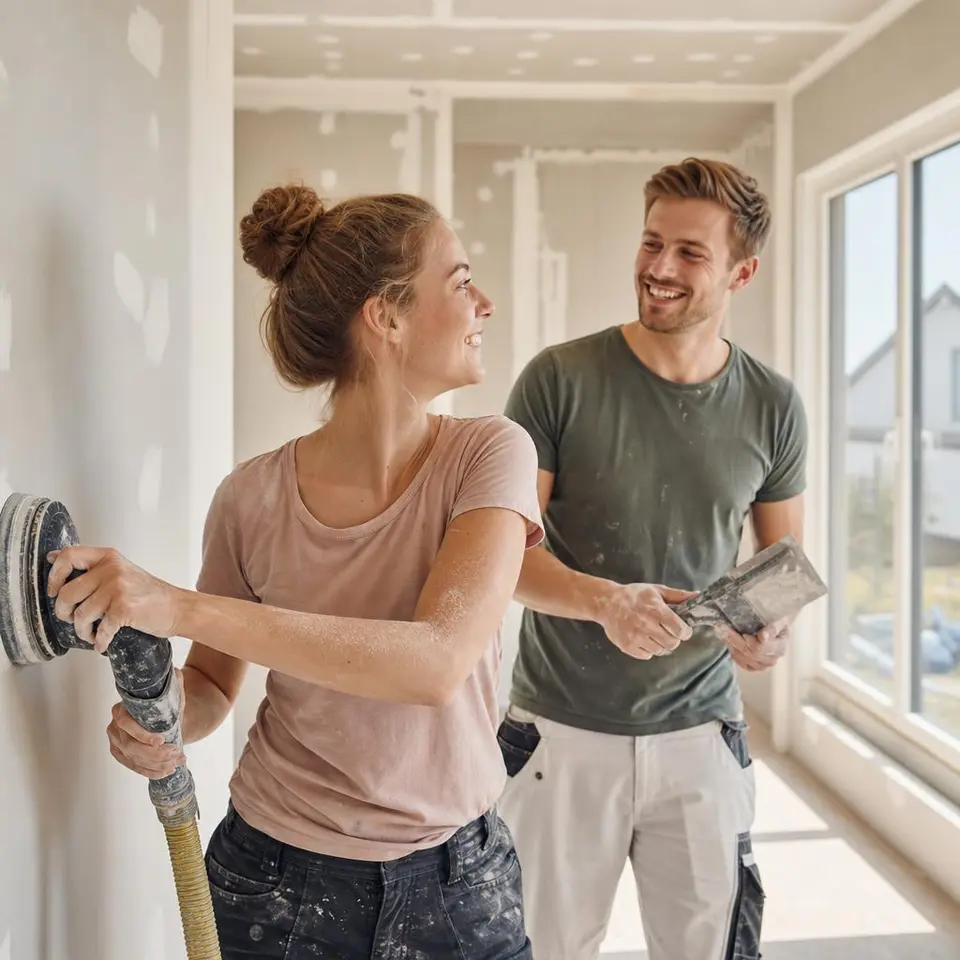 Junges Bauherren-Paar arbeitet zufrieden im Innenausbau seines Ausbauhauses – mit Eigenleistung Baukosten sparen