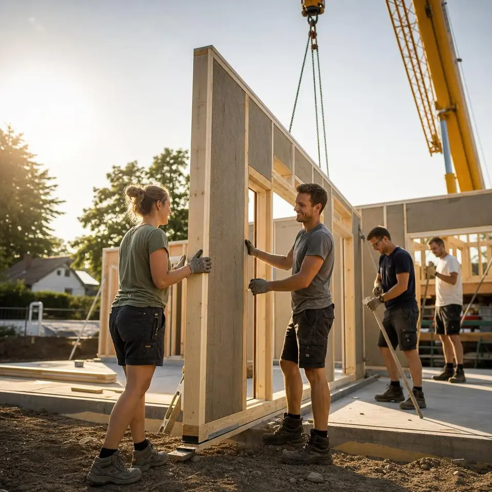 Selbstbauer montieren gemeinsam vorgefertigte Wandelemente ihres Bausatzhauses auf der Bodenplatte – günstig zum Eigenheim
