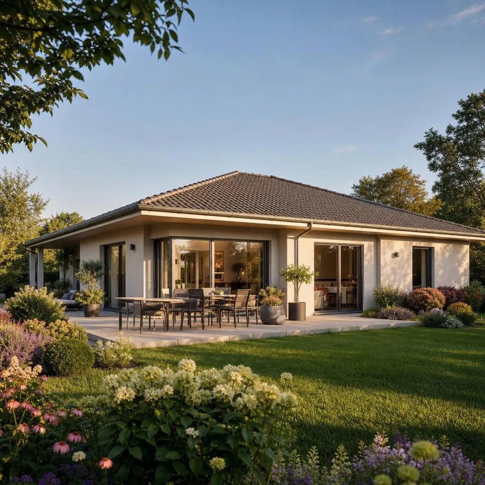 Barrierefreier Bungalow mit ebenerdigem Eingang, Walmdach und großzügiger Terrasse zum Garten – komfortables Wohnen auf einer Ebene