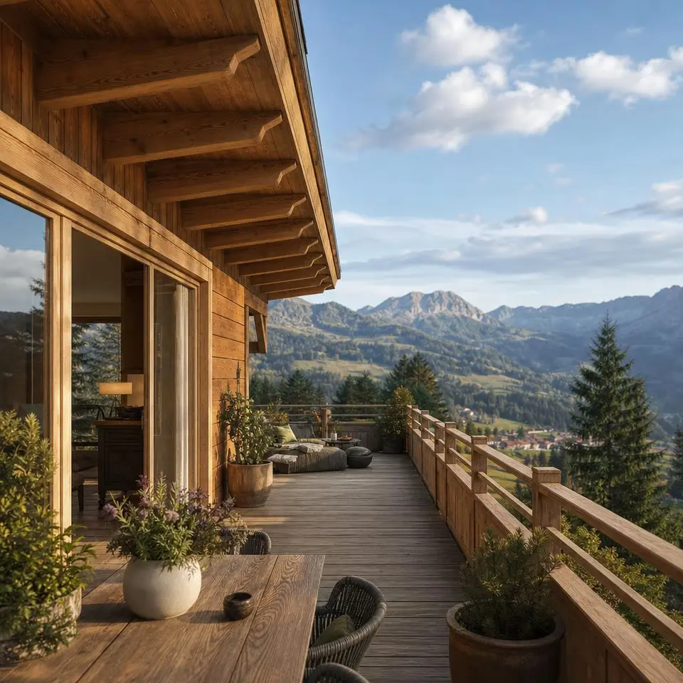 Alpines Chalet mit breitem Holzbalkon, flachem Satteldach und Bergblick