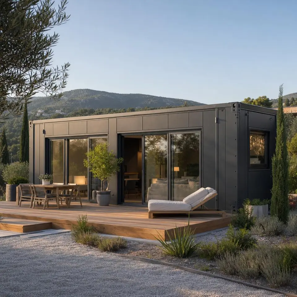 Modernes Containerhaus mit anthrazitfarbener Fassade, großer Glasfront und Holzterrasse