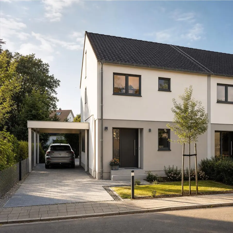 Moderne Doppelhaushälfte mit eigenem Eingang, Carport und kleinem Garten – clever bauen auf kompaktem Grundstück