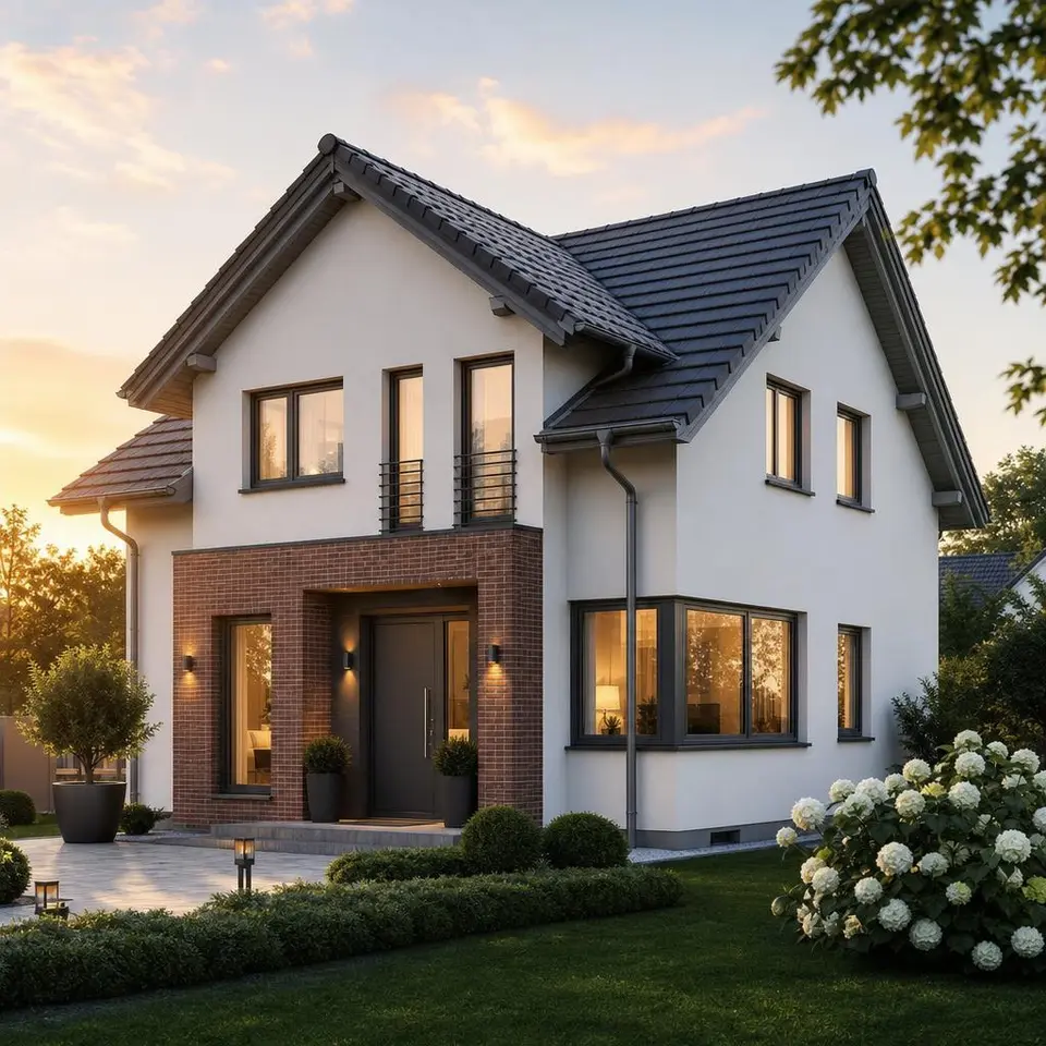 Freundliches Einfamilienhaus als schlüsselfertiges Fertighaus mit Satteldach, heller Fassade und gepflegtem Vorgarten im warmen Abendlicht