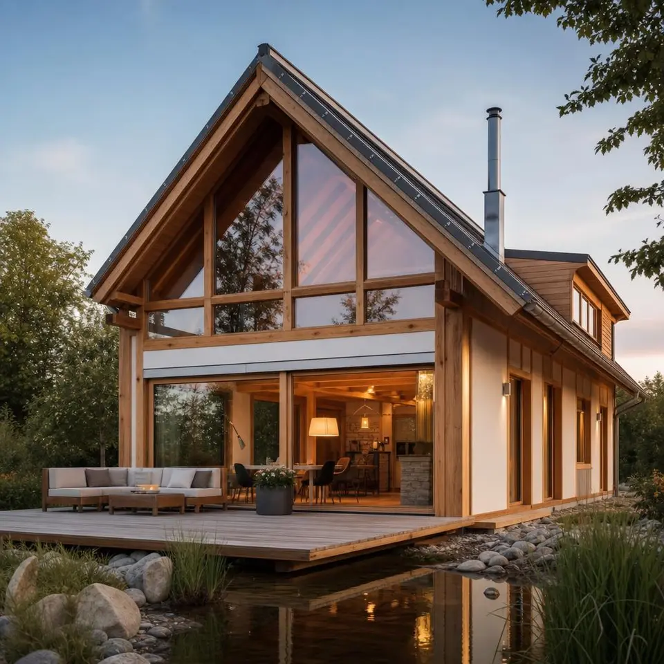 Modernes Fachwerkhaus mit sichtbarem Holzskelett, großen Glasflächen und traditionellem Charme