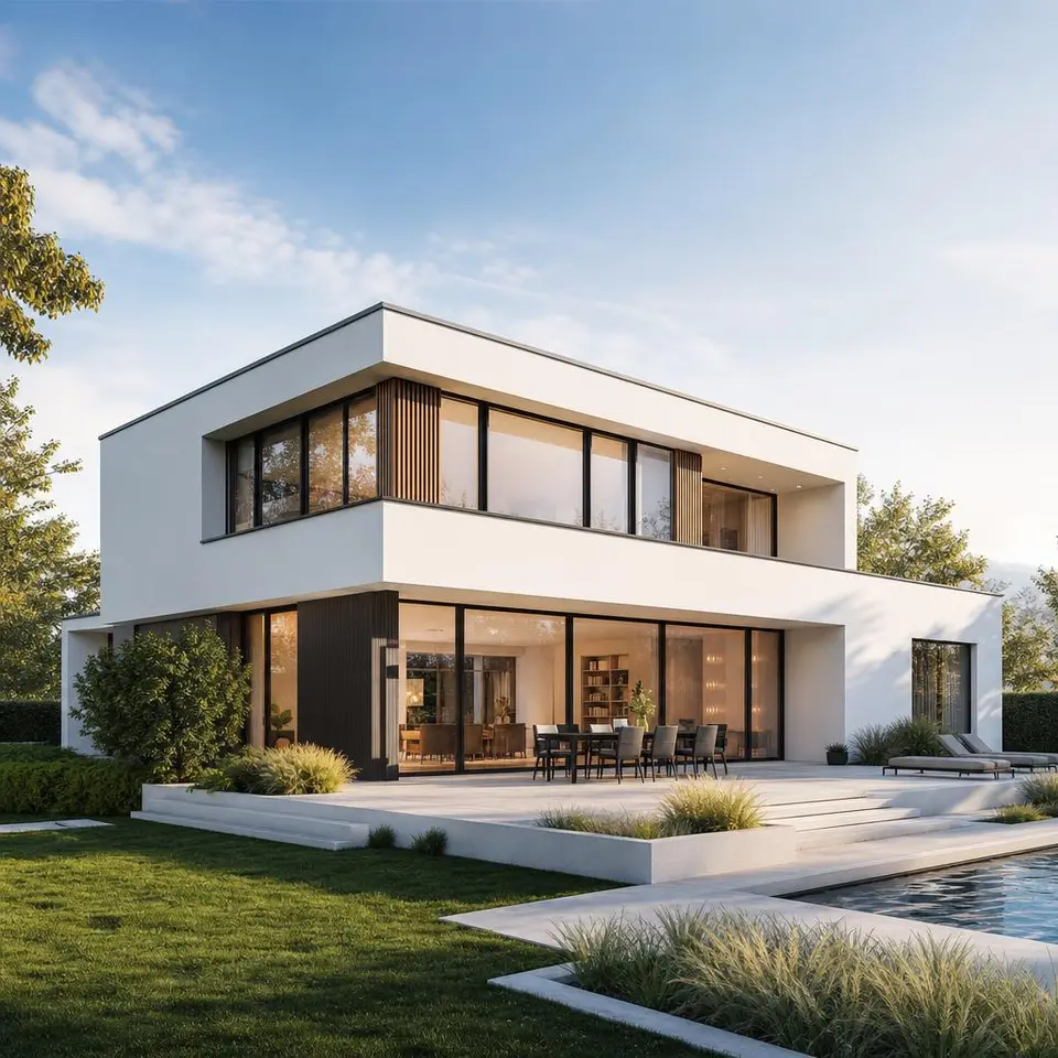 Modernes Flachdachhaus im Bauhausstil mit klaren Linien, weißer Fassade und bodentiefen Fenstern