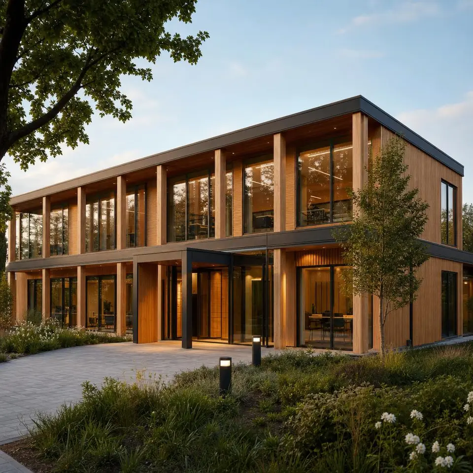 Modernes Bürogebäude in Holz-Hybrid-Fertigbauweise mit Holz-Glas-Fassade und einladendem Eingangsbereich