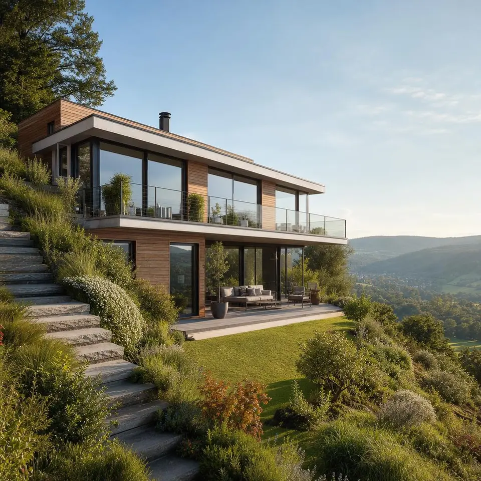 Splitlevel-Haus am Hang mit großen Fensterfronten und Aussicht über das Tal
