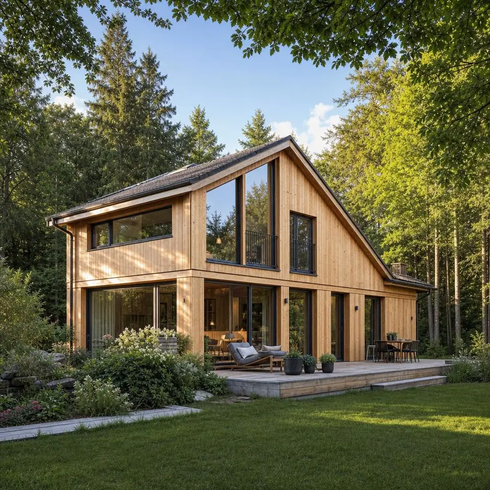 Ökologisches Holzhaus mit naturbelassener Lärchenfassade und großen Fenstern am Waldrand – nachhaltig bauen mit Holz
