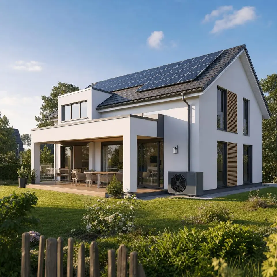 KfW-40-Effizienzhaus mit Photovoltaik auf dem Dach und Wärmepumpe – energiesparend bauen mit Förderung