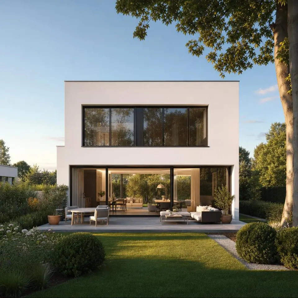 Kubushaus im Bauhausstil mit klarer Würfelform, Flachdach und großzügiger Glasfront zum Garten