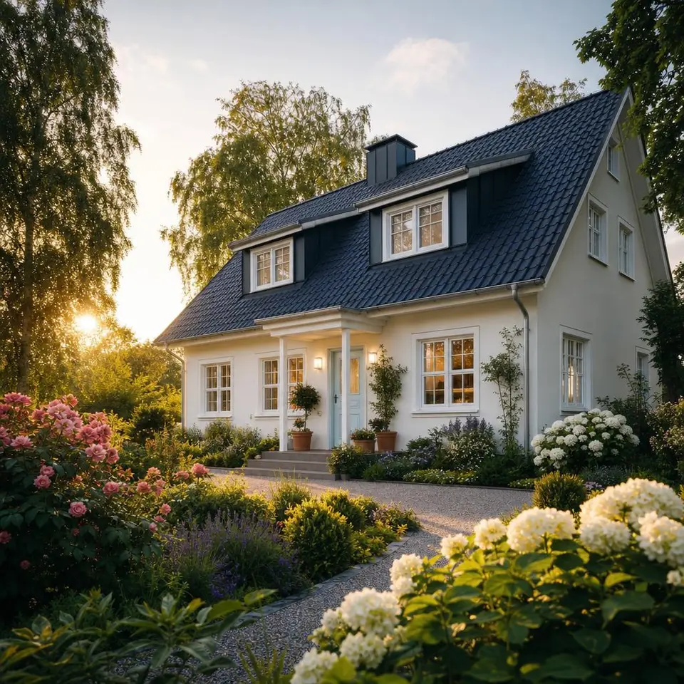 Idyllisches Landhaus mit Sprossenfenstern, Naturgarten und einladender Eingangstür – Wohnen im Grünen