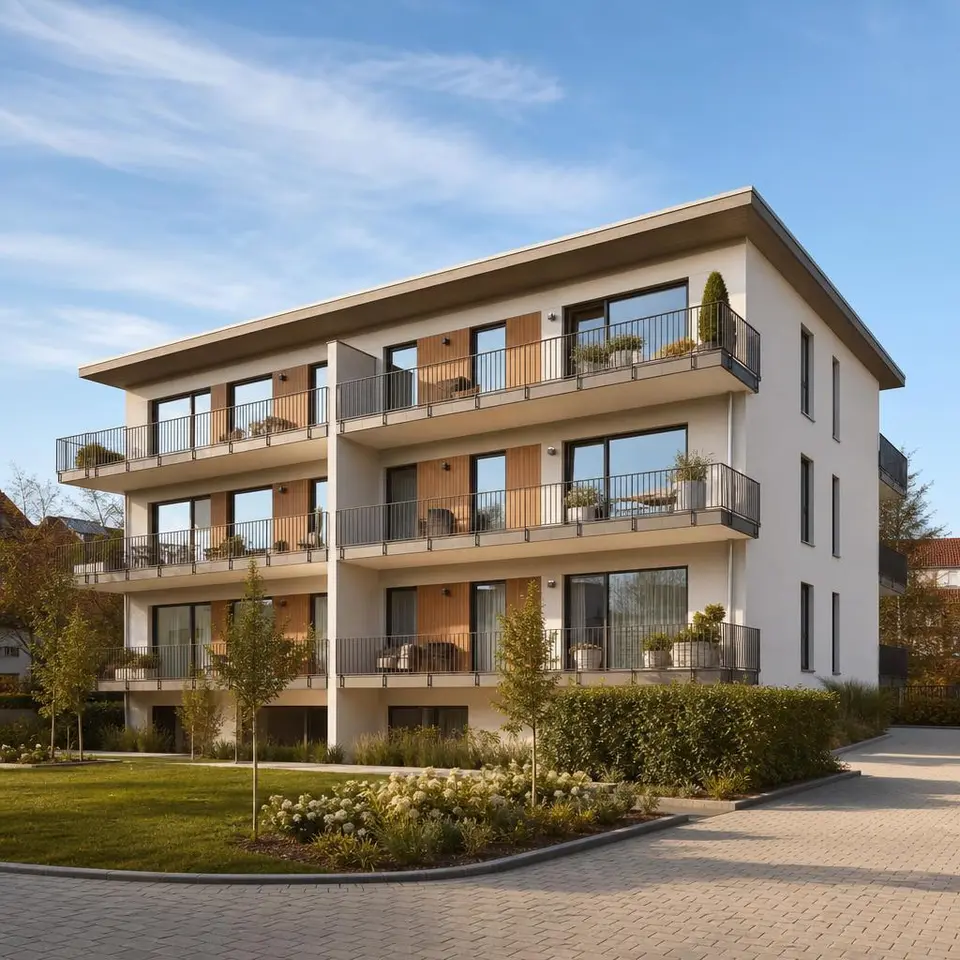 Neubau-Mehrfamilienhaus in Fertigbauweise mit Balkonen, heller Fassade und gepflegtem Vorbereich
