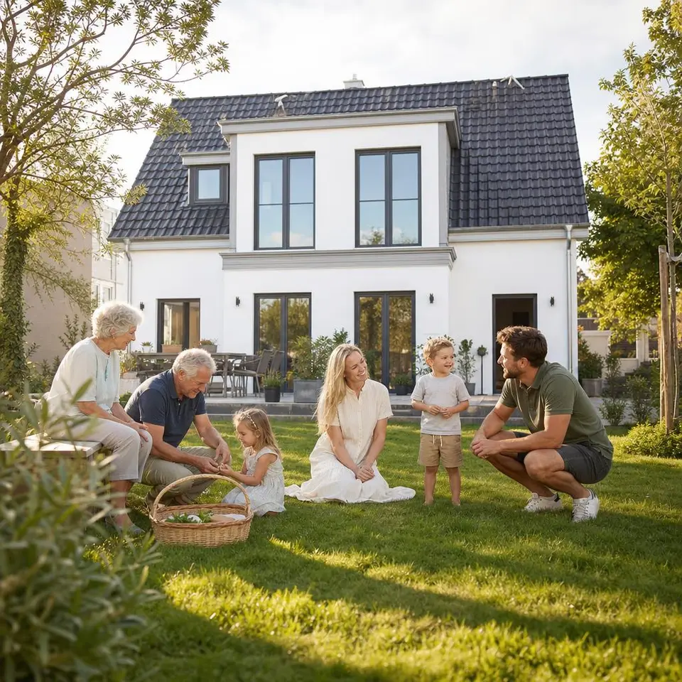 Großzügiges Mehrgenerationenhaus mit zwei Eingängen und drei Generationen einer Familie im Garten