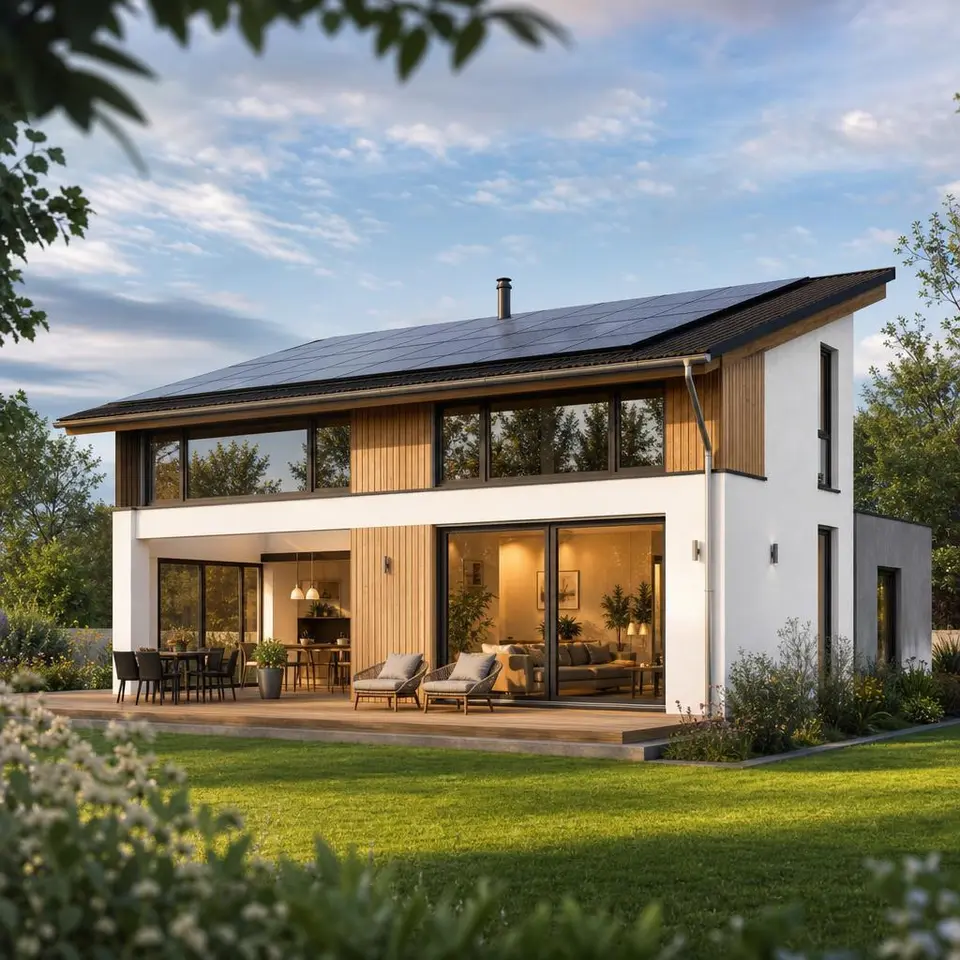 Modernes Pultdachhaus mit geneigtem Dach, Solaranlage und Holz-Putz-Fassade