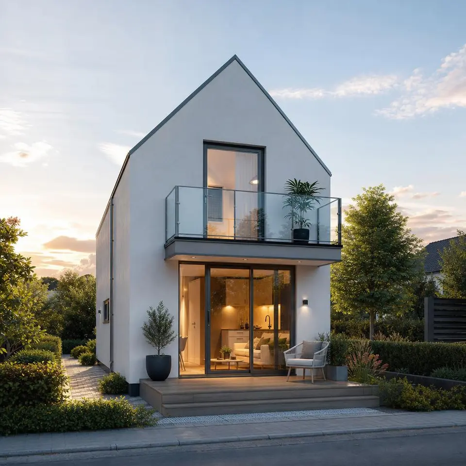 Kompaktes Singlehaus mit klarem Design, kleiner Terrasse und effizientem Grundriss auf schmalem Grundstück