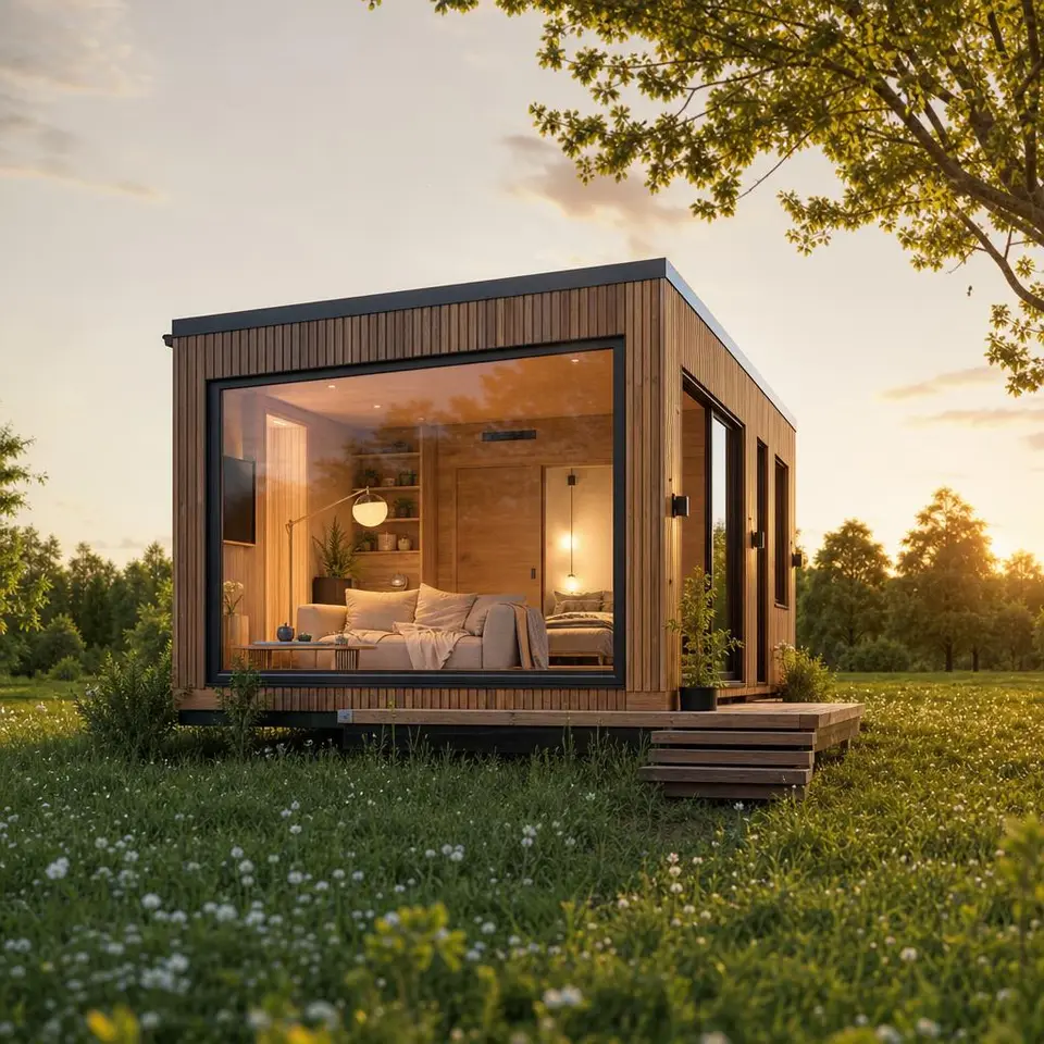 Hochwertiges Tiny House mit Holzfassade und großem Panoramafenster auf grüner Wiese – kompaktes Wohnen mit Stil