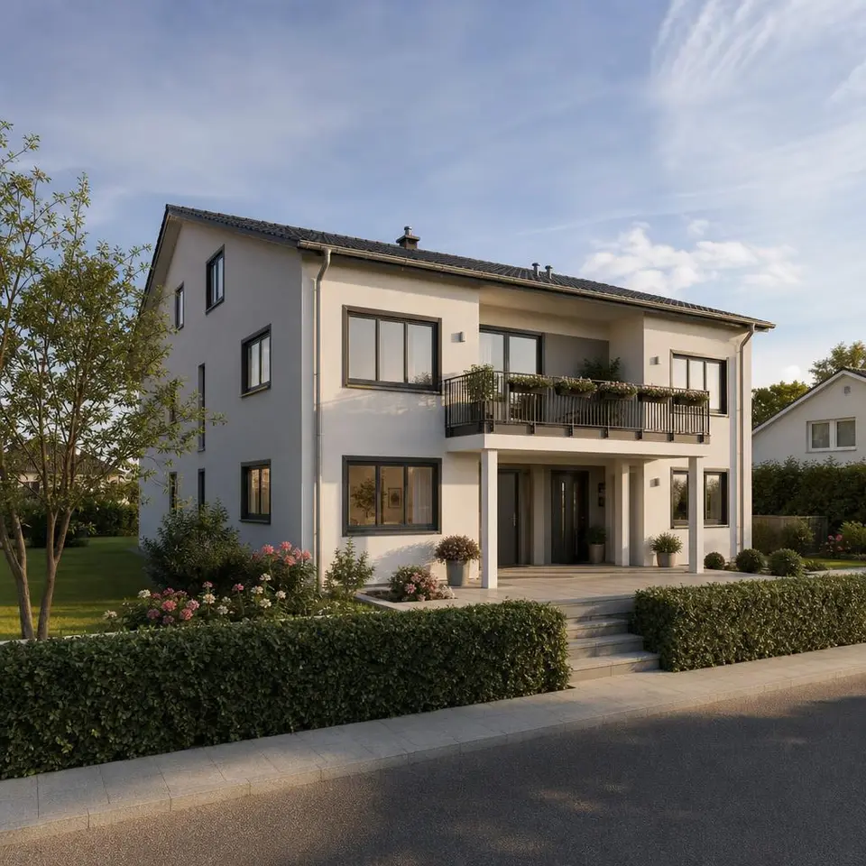Zweifamilienhaus mit zwei getrennten Wohnebenen, Balkon und gemeinsamem Eingangsbereich