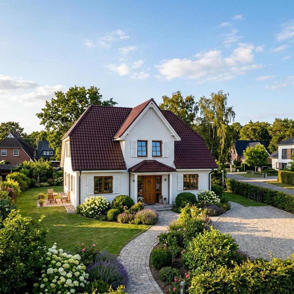 Friesenhaus Friesenidyll des Herstellers Albert Haus mit weißer Putzfassade und Sprossenfenstern
