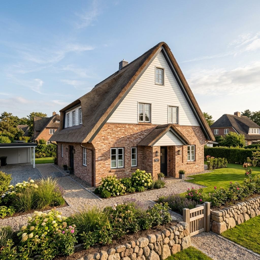 Friesenhaus Küstenglück des Herstellers Albert Haus mit Reetdach-Optik und Backstein