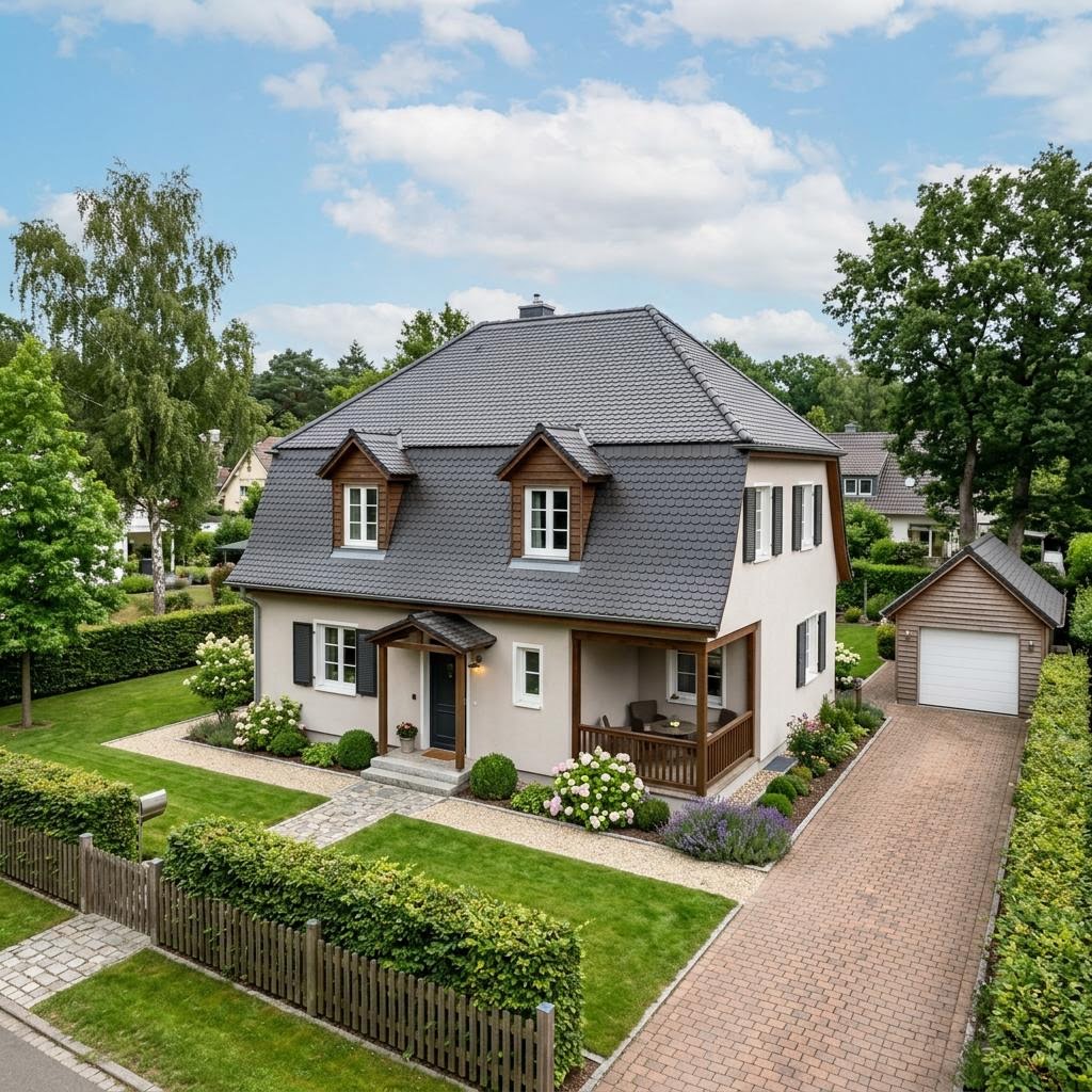 Landhaus Eichenweg 156 des Herstellers Albert Haus — Fertighausmodell mit rund Mansarddach und 156 m²