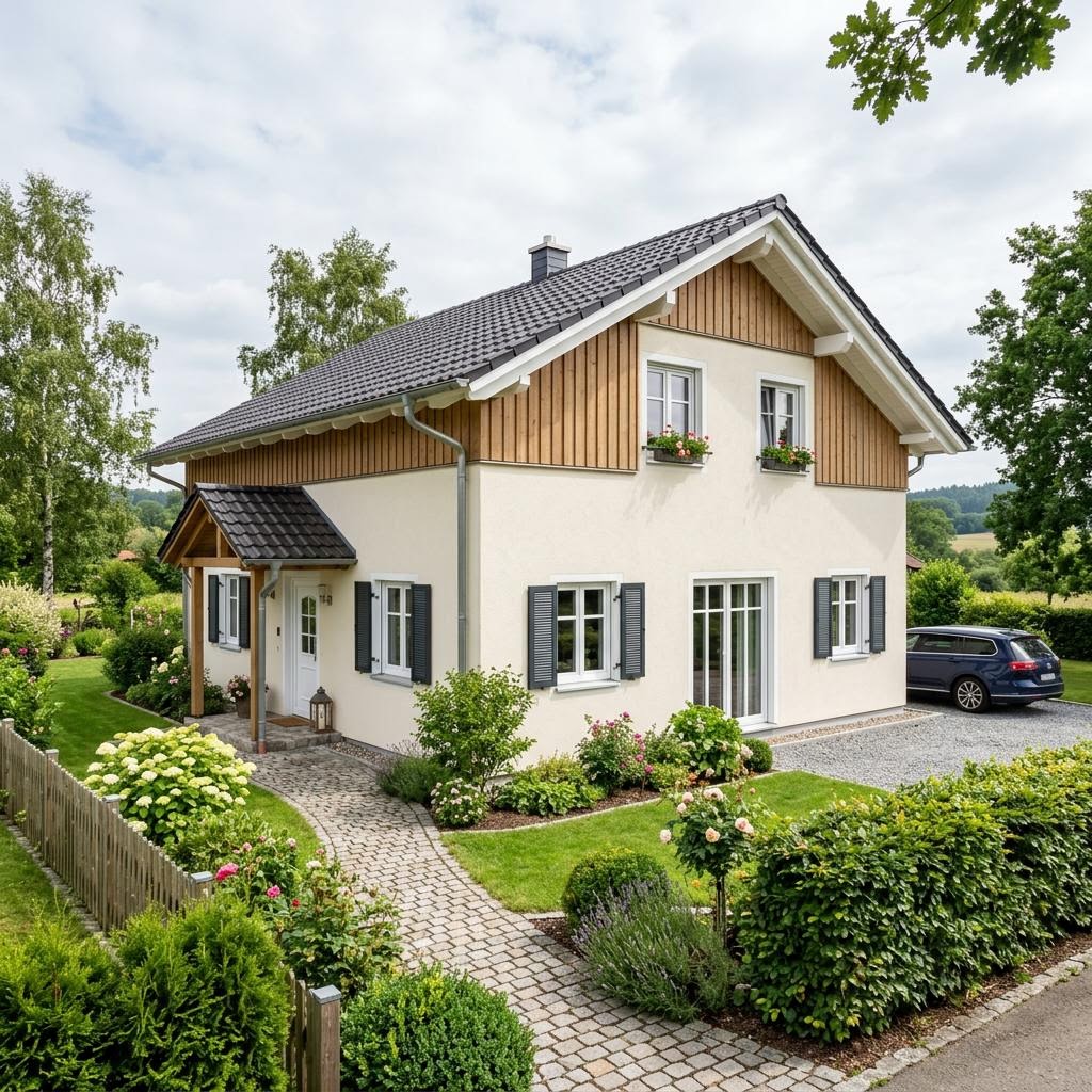 Landhaus Landgut 162 des Herstellers Albert Haus — in Holztafelbauweise, rund 162 m²