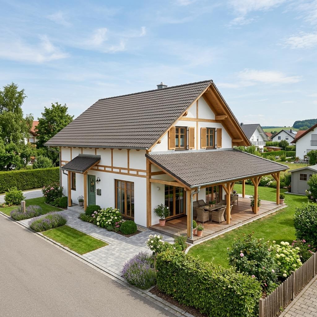 Landhaus Lindenhof 138 des Herstellers Albert Haus — Fertighausmodell mit rund Schleppdach und 138 m²