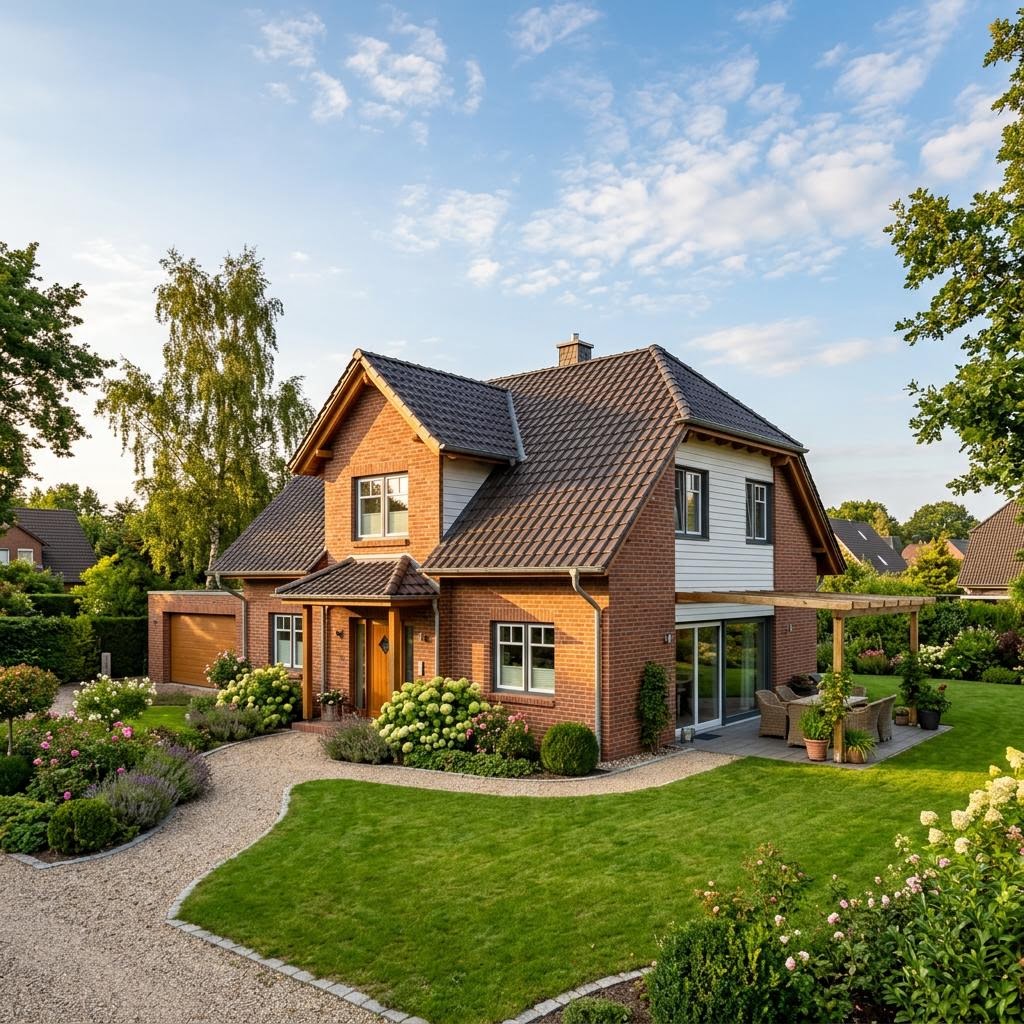 Landhaus Landkate Nordheide des Herstellers Albert Haus mit rotem Klinker und Krüppelwalmdach