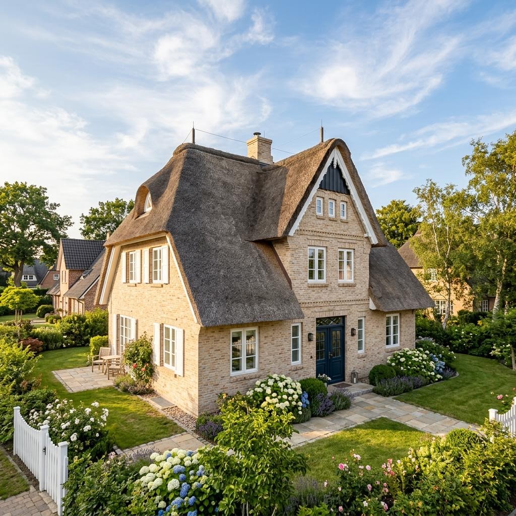 Friesenhaus Reetgiebel des Herstellers Albert Haus mit hellem Klinker und Sprossenfenstern