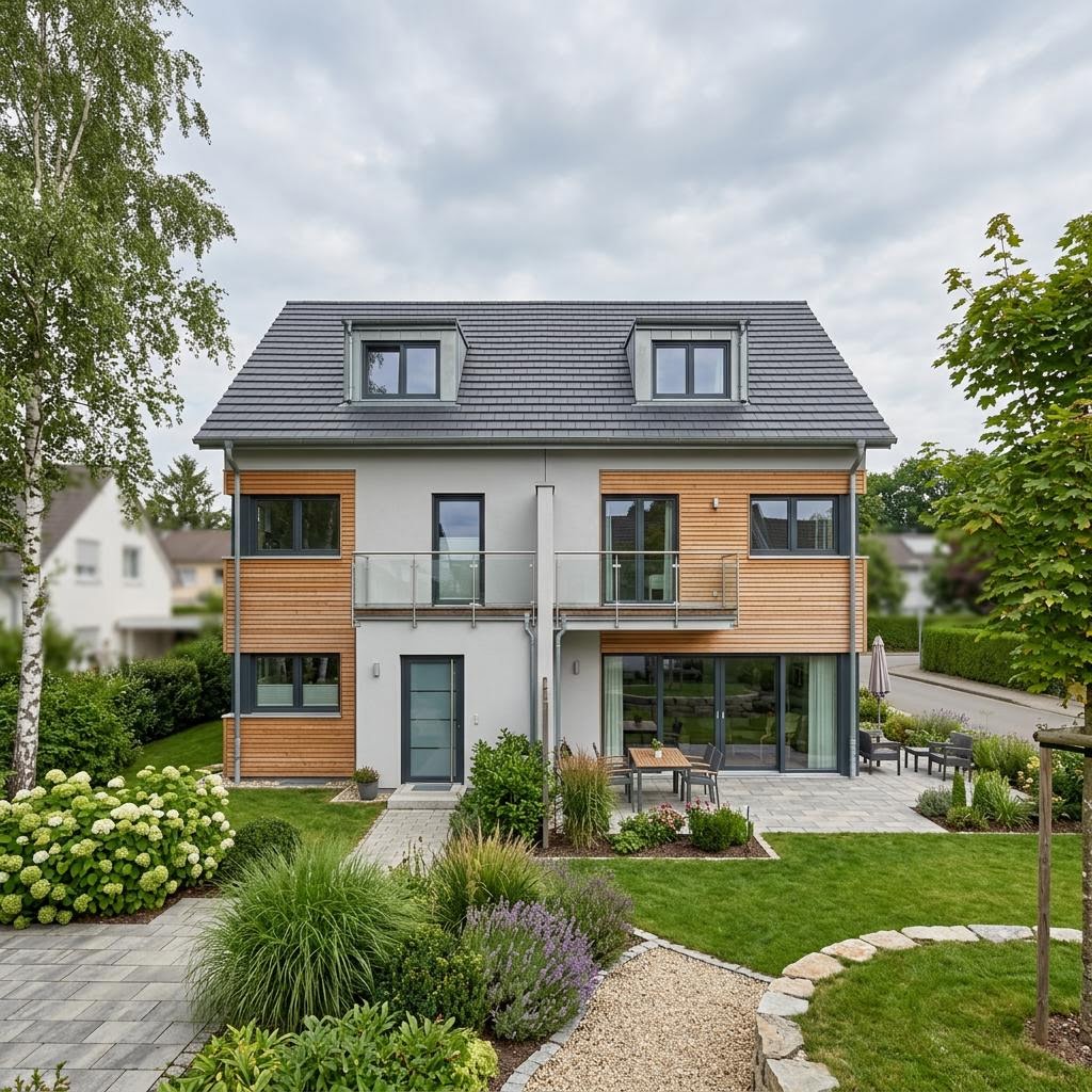 Doppelhaus Starthaus 135 D des Herstellers allkauf haus mit Satteldach — Ausbauhaus mit 135 m² je Hälfte
