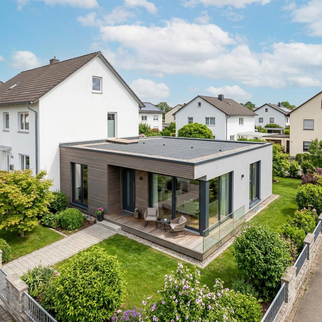 Anbau-Modul Anbau Modul 48 des Herstellers ARGE-HAUS mit Flachdach — Fertighaus-Wohnmodul mit 48 m²