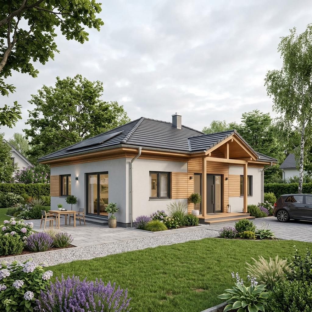 Bungalow Eigenheim Ausbau 142 des Herstellers Bärenhaus mit Walmdach — schwellenarmes Ausbauhaus mit 118 m²