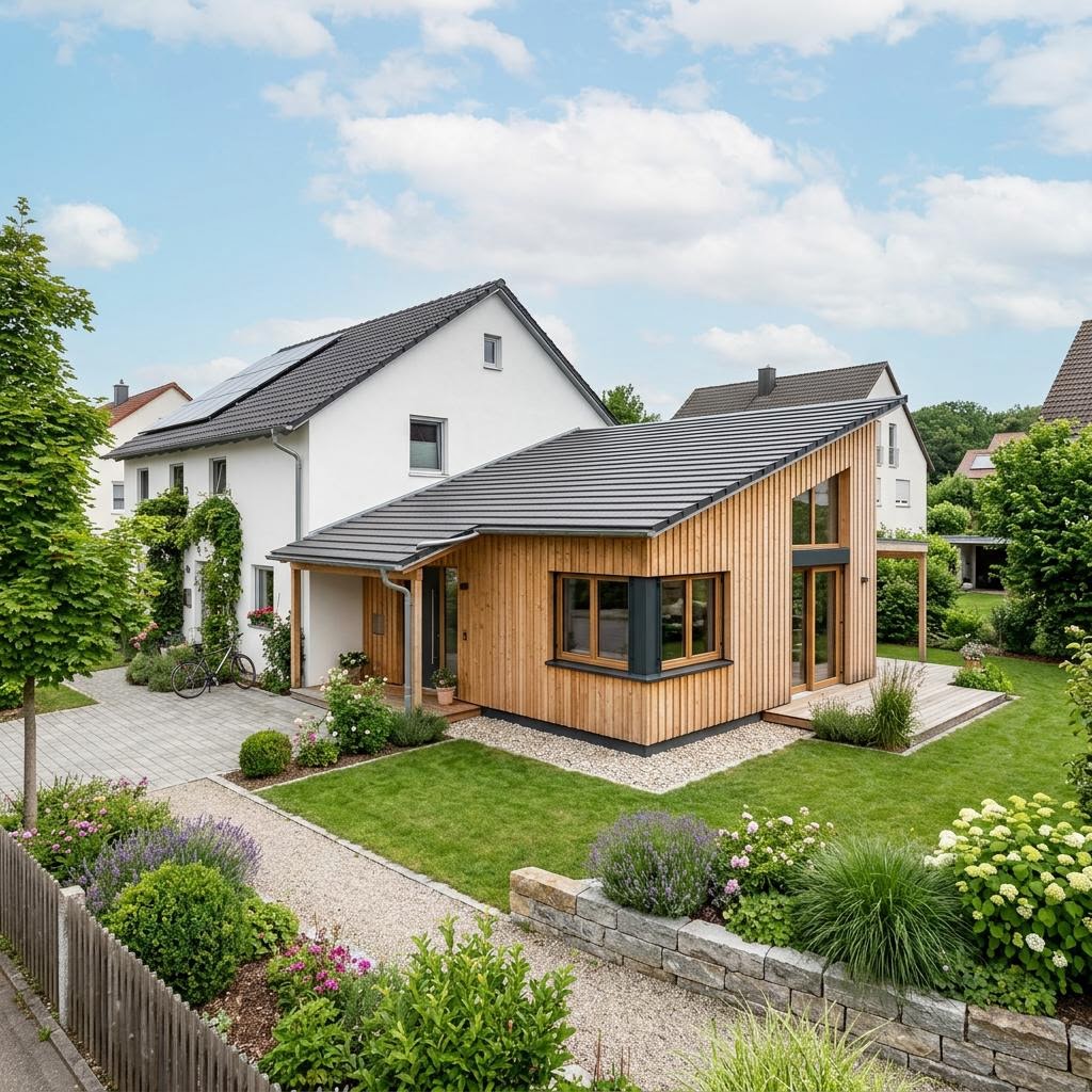 Anbau-Modul Anbau Holzmodul 70 des Herstellers Baufritz mit Schleppdach — Fertighaus-Wohnmodul mit 70 m²
