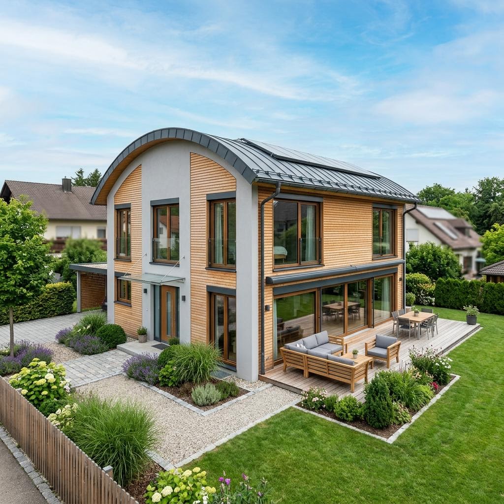 Einfamilienhaus Atelierhaus Tonne 155 des Herstellers Baufritz mit Tonnendach — 155 m²
