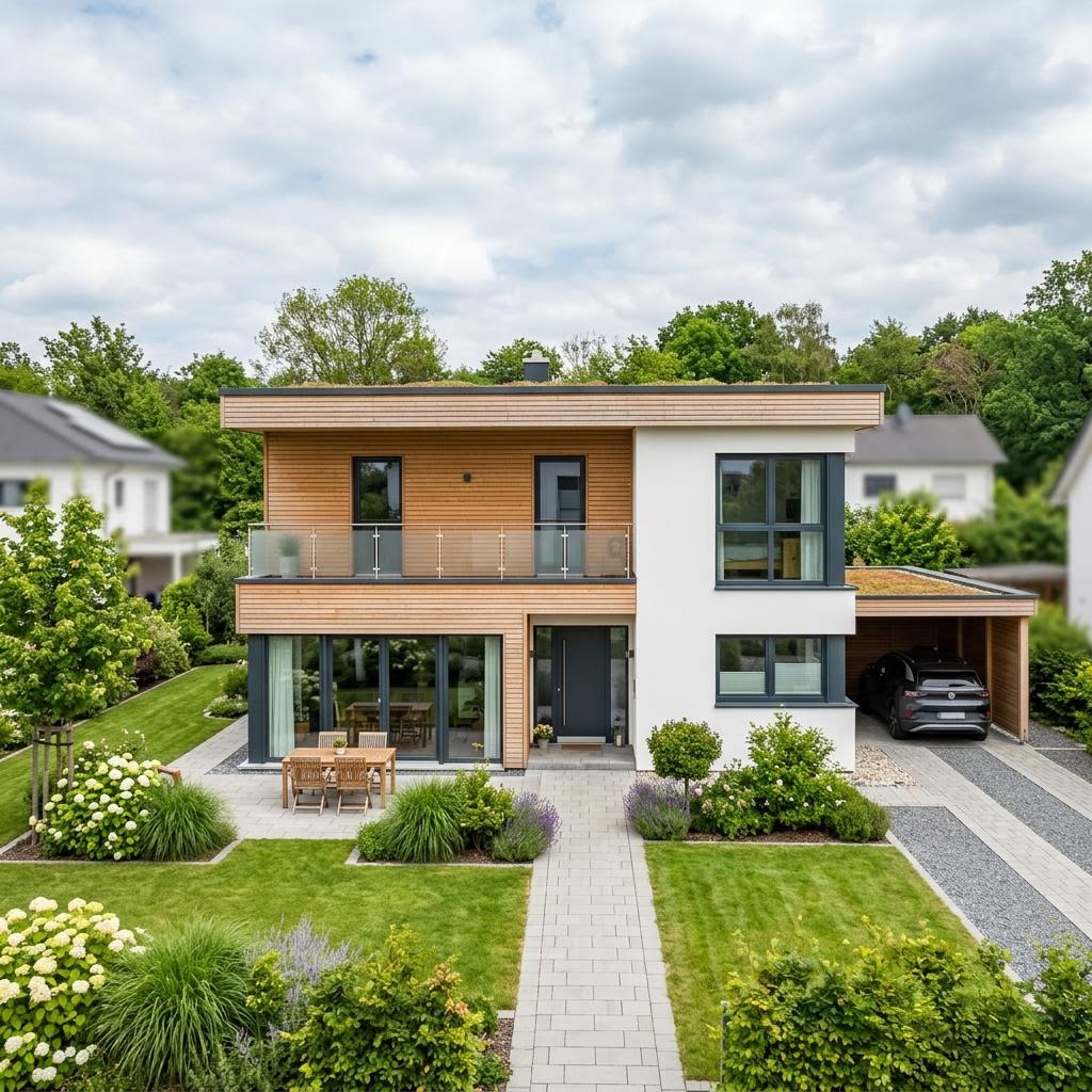 Flachdachhaus Haus Lozzi des Herstellers Baufritz — in Holztafelbauweise, rund 158 m²