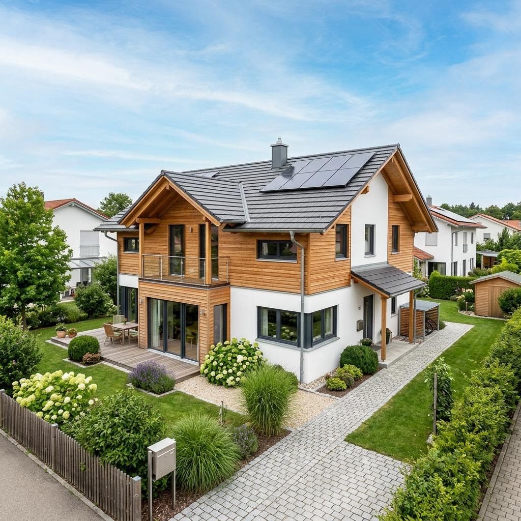 Holzhaus Alpin 156 des Herstellers Baufritz — ökologisches Holzrahmenhaus mit Satteldach und 156 m²