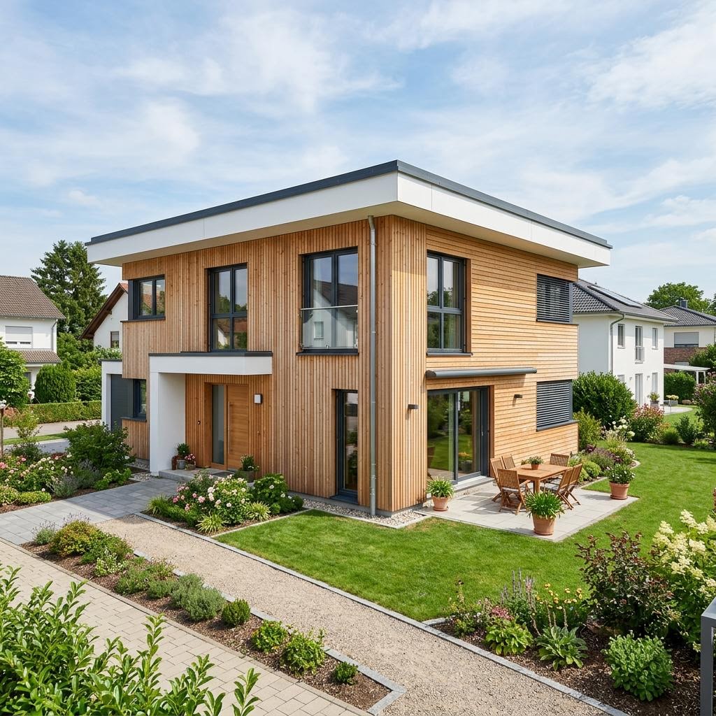 Holzhaus Kubus 142 des Herstellers Baufritz — kubisches Holzrahmenhaus mit Flachdach und 142 m²