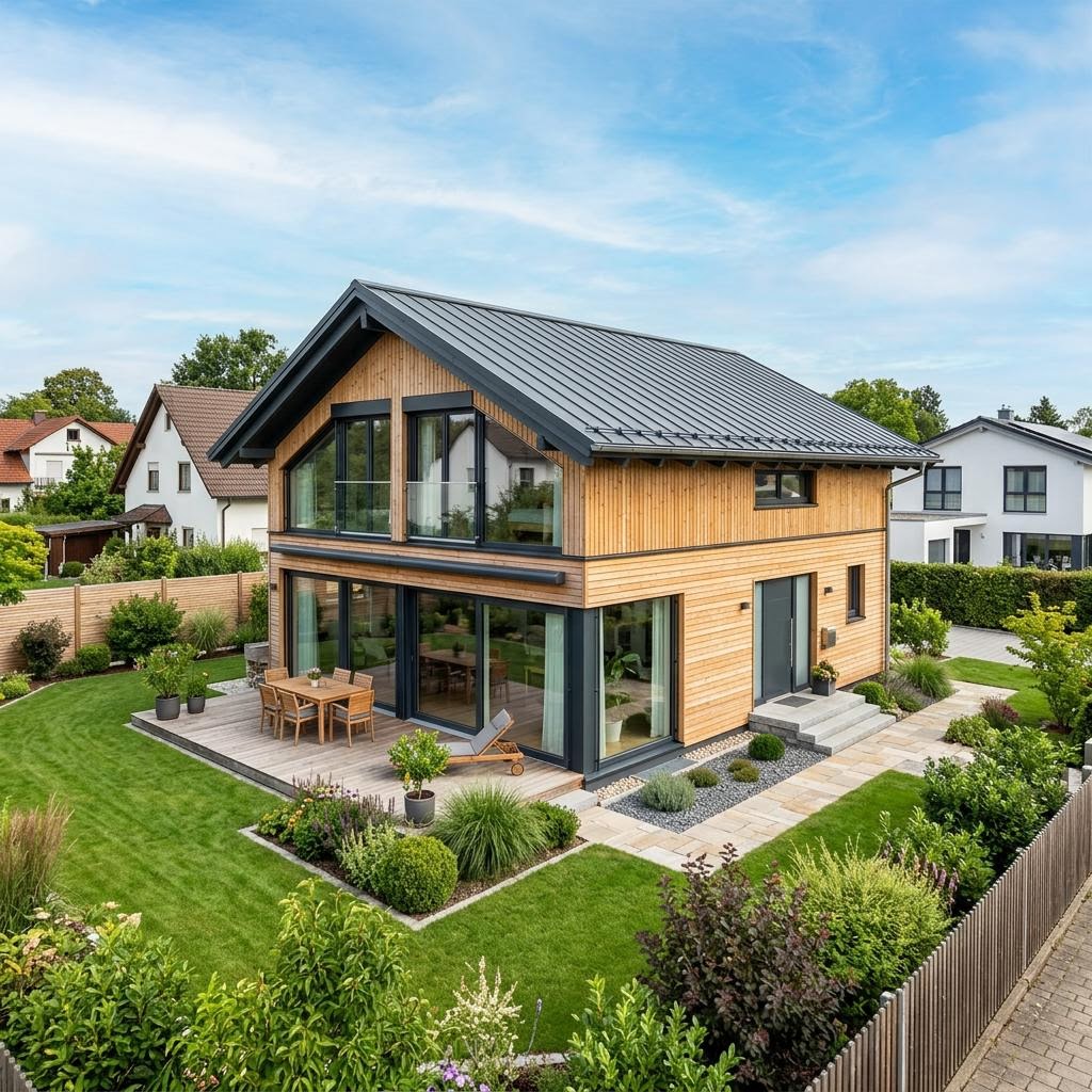 Holzhaus Panorama 184 des Herstellers Baufritz — modernes Holzrahmenhaus mit Pultdach und 184 m²