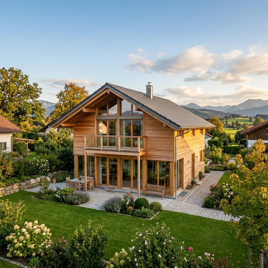 Ökologisches Holzhaus Voralpen 162 des Herstellers baufritz mit Satteldach und großen Glasflächen