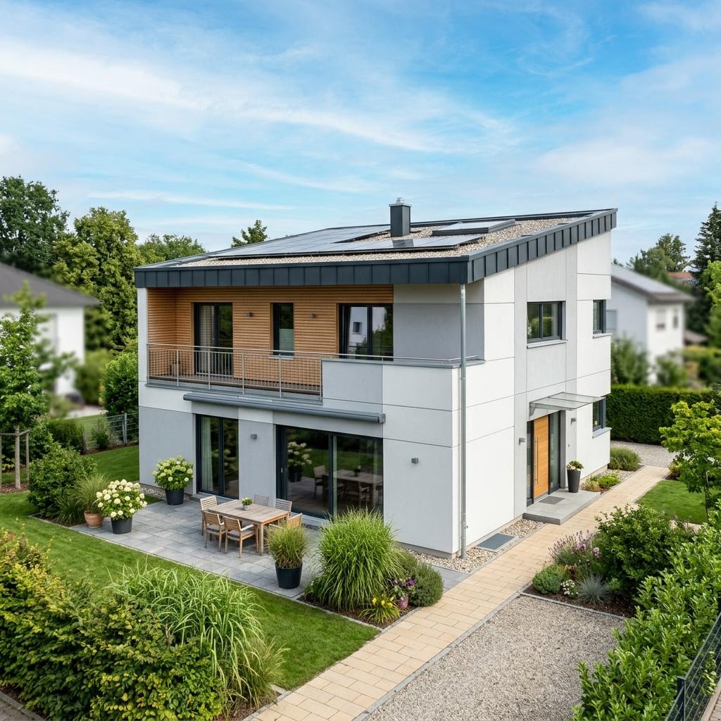 Kubushaus Urban 164 des Herstellers Baufritz mit Flachdach — kubisches Fertighaus im Bauhausstil mit 164 m²