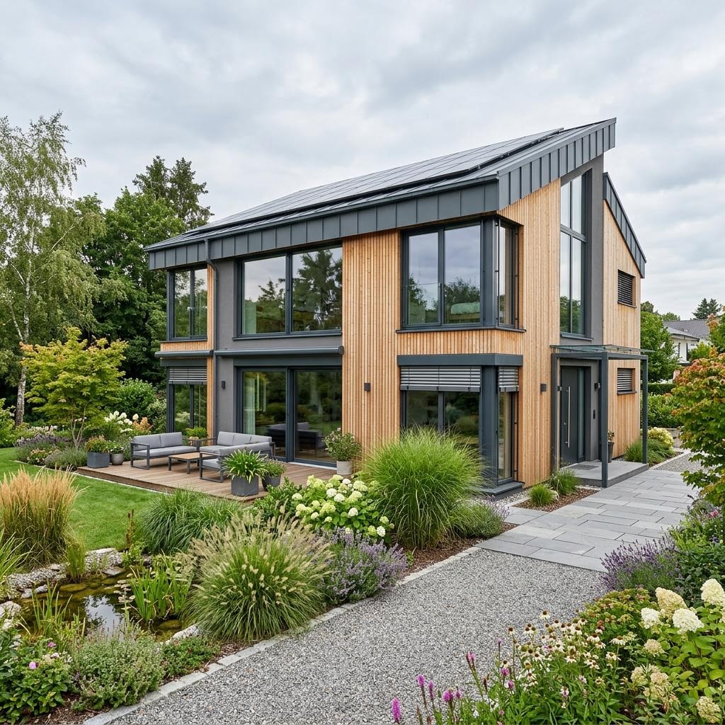 Luxusvilla Manufaktur Solis 205 des Herstellers Baufritz mit Pultdach und Vollholz-Bauart