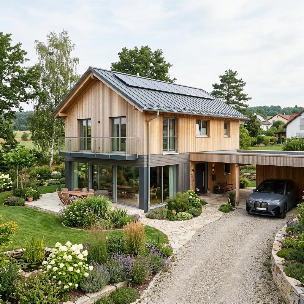 Luxusvilla Ökovilla Terra 198 des Herstellers Baufritz mit Satteldach und begrünter Fassade