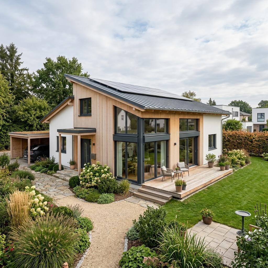 Pultdach-Bungalow Pult Bungalow Öko 134 des Herstellers Baufritz mit Holzfaserdämmung und Solardach