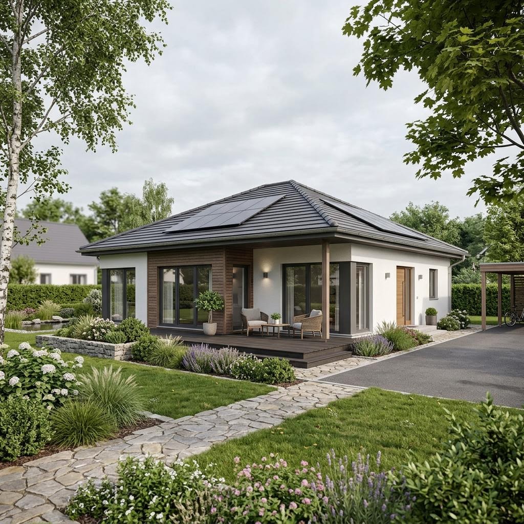 Bungalow Evolution 114 des Herstellers Bien-Zenker mit Walmdach — barrierefreies Fertighaus mit 114 m²